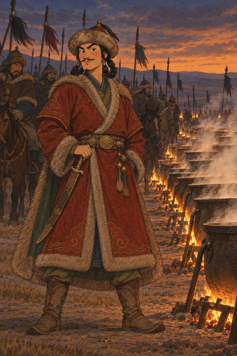 After a battle, a Mongol chief stands before rows of steaming iron cauldrons while his riders look away.