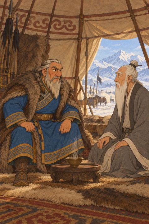 An old Genghis Khan sits in a tent across from an elderly Taoist monk with a white beard.