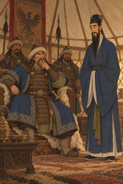Genghis Khan studies a very tall young Khitan scholar with a long black beard, standing calmly before him.
