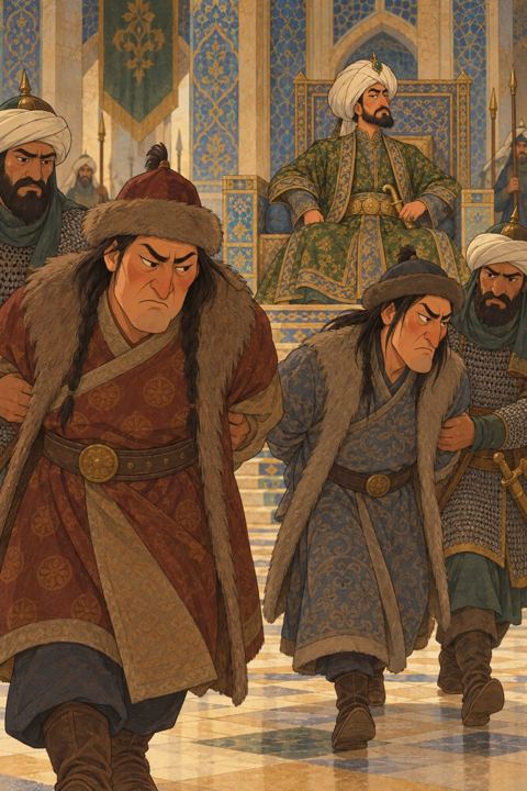 In a tiled throne room, two Mongol envoys with freshly shaved faces are marched out past guards.