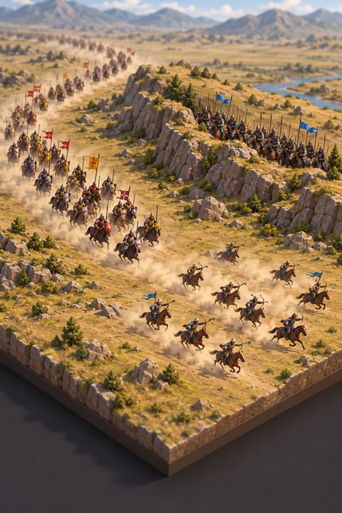 From above, light horse archers gallop away from pursuing cavalry toward a ridge where more riders wait.