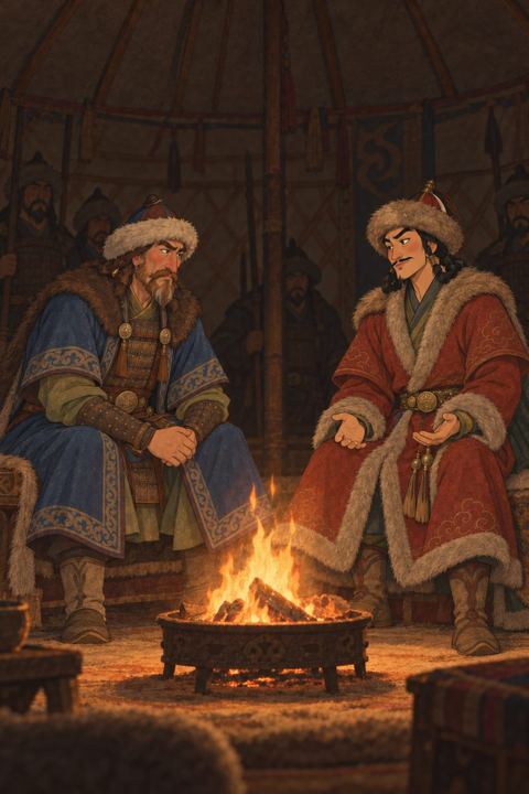 Two middle-aged Mongol men sit facing each other across a fire inside a felt tent.
