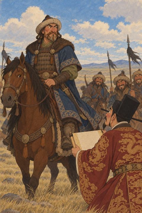 Genghis Khan on horseback turns his back on a Jin envoy in silk robes who holds out an imperial scroll.