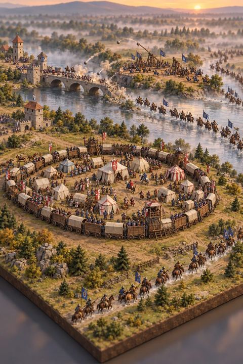 At dawn, Mongol stone-throwers bombard a bridge while a long column of riders fords the river downstream of a ring of wagons.