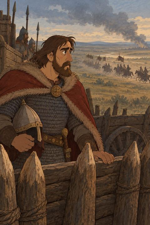 A grim Rus' prince in mail and a fur-trimmed cloak stands behind a wooden palisade, looking out at the steppe.