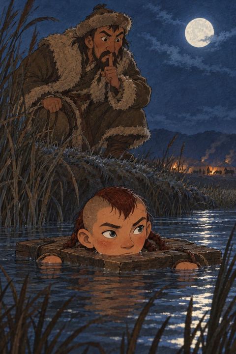 At night a boy in a wooden collar hides in a river, his face just above the water, while a man on the bank looks down at him.