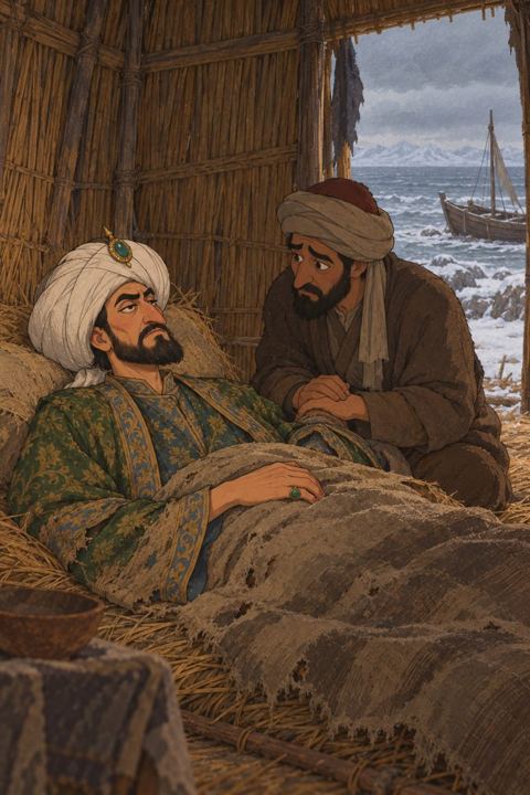 A gaunt, sick sultan lies on a rough bed in a reed hut on a small island, the grey sea outside.