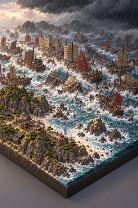 A typhoon throws hundreds of packed ships into each other off a small rocky island.
