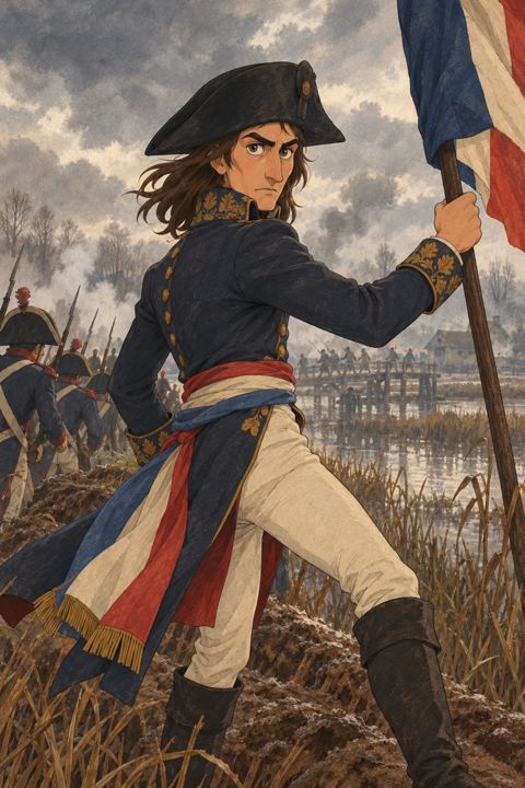 A young long-haired general holds a tricolour flag on a dyke above a marsh, smoke behind him.
