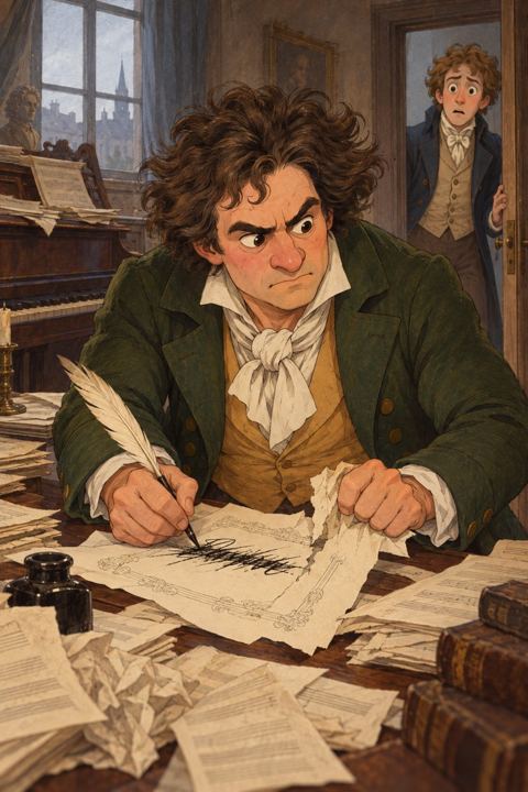 In a cluttered room, a stocky, wild-haired composer angrily scratches a name off the title page of a score.