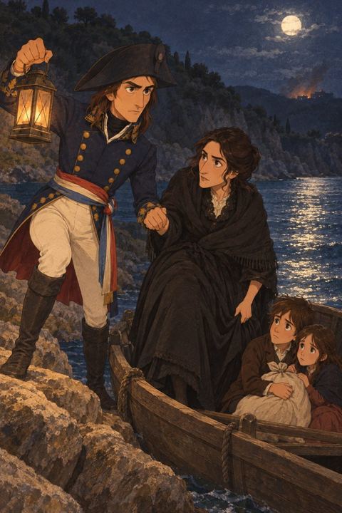 At night on a rocky shore, a young officer with a lantern helps his mother and younger siblings into a small boat.
