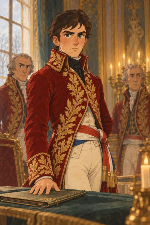 A short-haired young man in a red, gold-embroidered coat stands at a desk while two older men wait behind him.