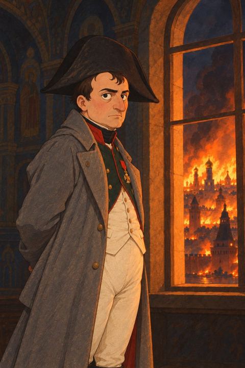 Napoleon in a grey coat stands at a tall Kremlin window, his face lit orange by a burning city outside.