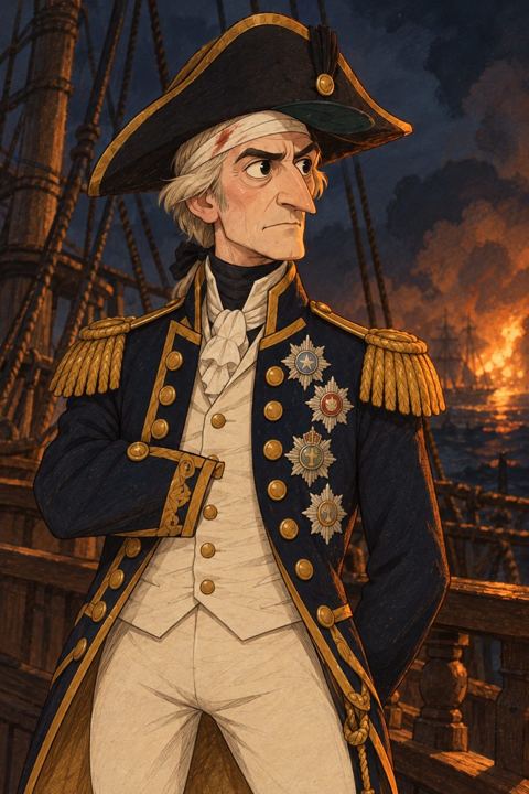 A slight British admiral with an empty right sleeve and a bandaged forehead stands on a deck lit by flames.