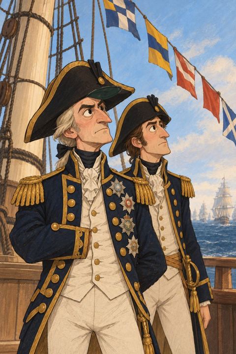 A slight British admiral with an empty right sleeve and stars on his coat stands on a warship's deck under signal flags.