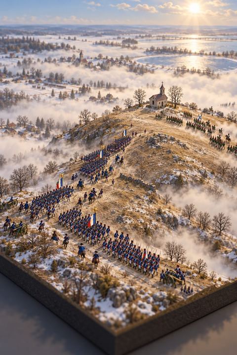 Out of the morning fog, French columns with eagle standards climb a bare hill under a breaking winter sun.