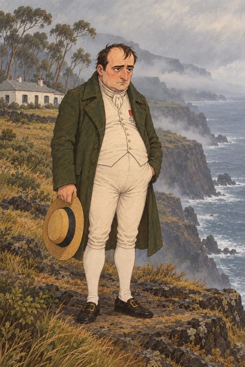 A heavy, tired man in a plain coat and white breeches stands on a windswept rocky island, staring out at a grey ocean.