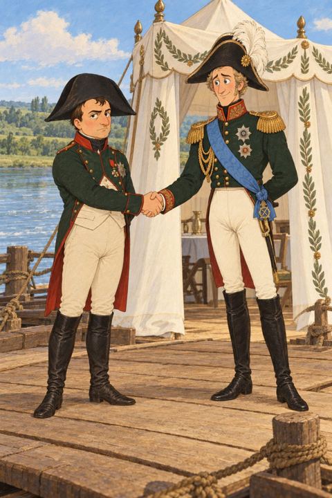 Two emperors, one in a grey coat and one tall in a green Russian uniform, greet each other in front of a white pavilion on a raft in a river.