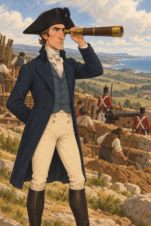 A lean British general with a hooked nose and a plain blue coat studies the hills through a telescope, a redoubt being built behind him.