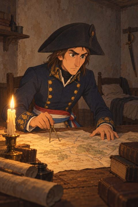 A lean young officer with long hair studies maps by candlelight in a bare room.
