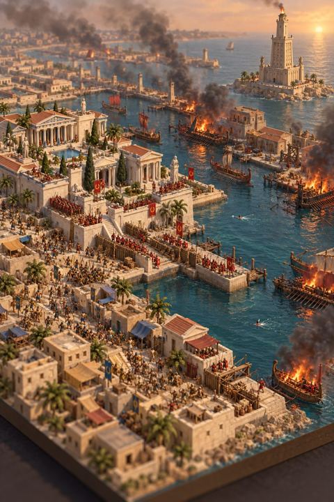Roman soldiers hold the palace quarter of Alexandria as warships burn in the harbour beside the Pharos lighthouse