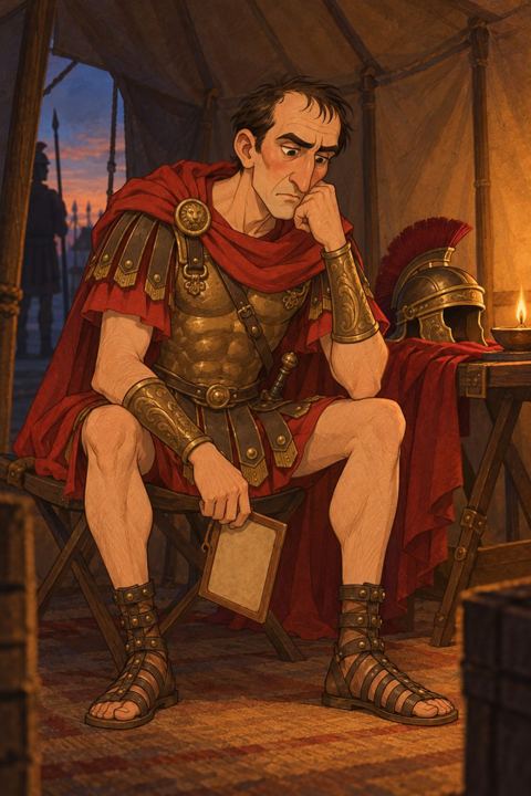 Caesar alone in his campaign tent at dusk, a letter lowered in his hand, his face drawn with grief
