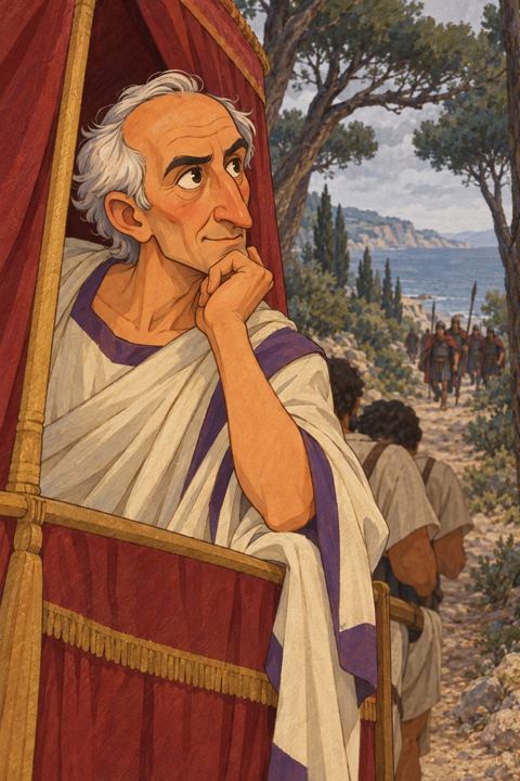 The white-haired Cicero leans out of a litter on a wooded path near the sea and looks back calmly