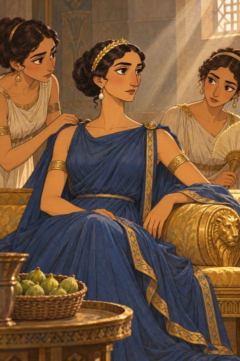 Cleopatra seated upright and composed in full royal regalia in her stone mausoleum, a basket of figs beside her