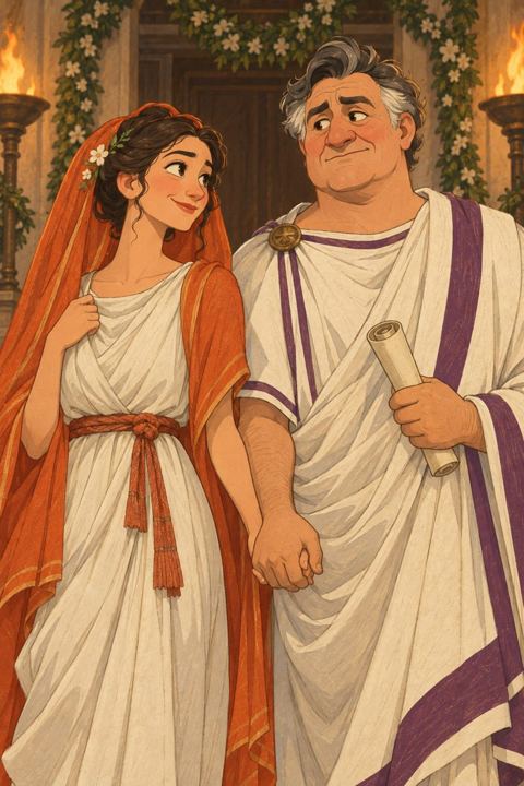 Young Julia in a saffron bridal veil beside Pompey, a broad-faced man in his forties, at their wedding