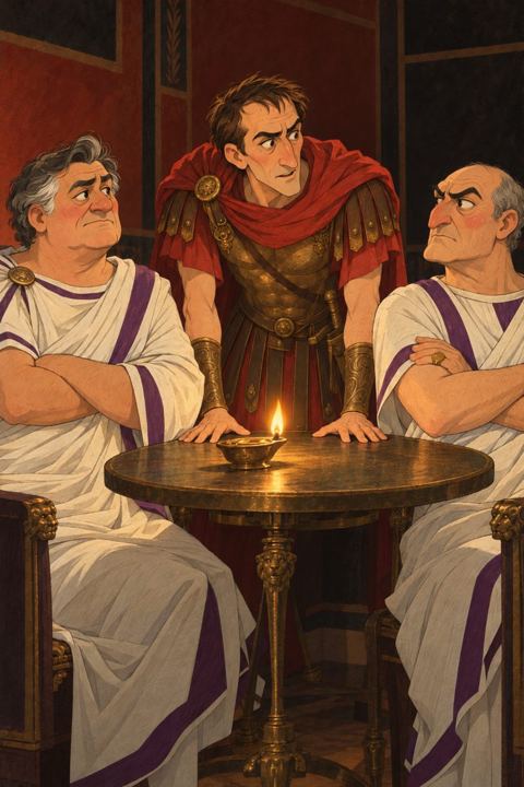 Pompey and Crassus, wary rivals, on either side of a lamp-lit table while Caesar leans in between them