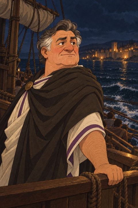 Pompey, grey-haired and heavy-set, on the deck of a warship at night, looking back at the Italian coast