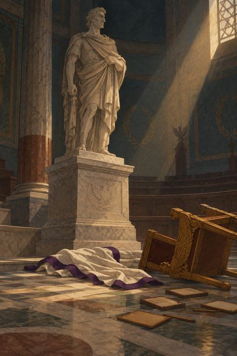 A marble statue of Pompey in a dim hall, a crumpled purple-bordered toga and an overturned golden chair at its base