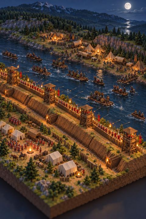 At night, Gauls on rafts are driven back from a long Roman rampart along the river below Lake Geneva