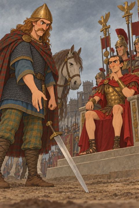 Vercingetorix in his finest armour throwing his sword down before Caesar, who sits on a raised seat among his officers