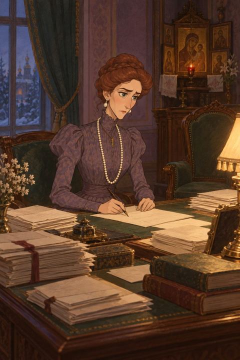 Empress Alexandra writing a letter at a desk piled with state papers