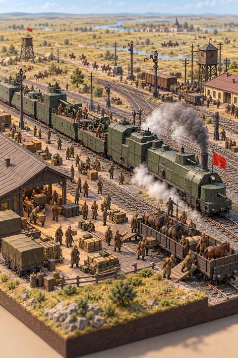 An armoured train with gun turrets on a wide steppe, Red soldiers loading at a railway junction