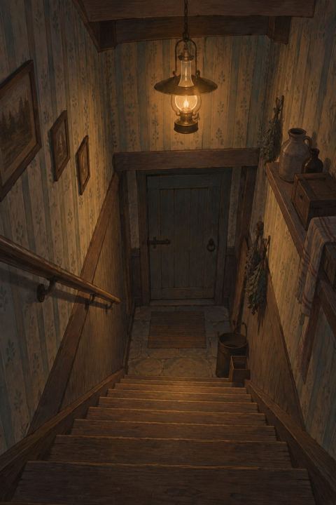 A narrow staircase leading down to a closed basement door, lit by a single hanging lamp
