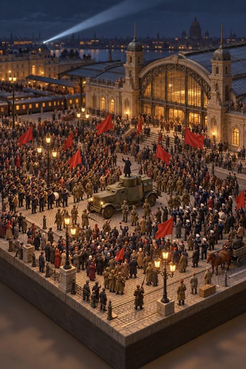 A night crowd with red flags around an armoured car outside a railway station, a small figure speaking from its turret