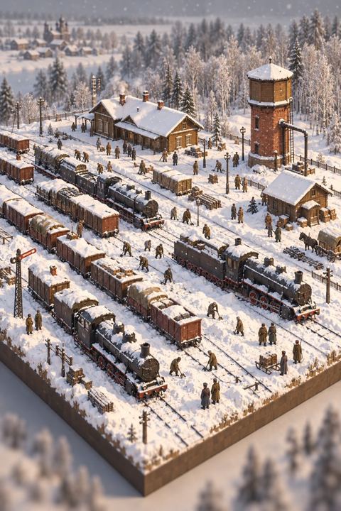Freight wagons and cold locomotives stand snowed in at a railway yard while a few workers shovel.