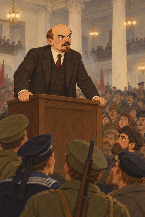 Lenin at a podium gripping its edges, facing a packed, smoky congress hall