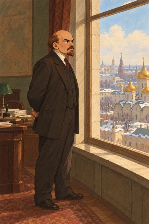 Lenin standing at a tall Kremlin window, hands behind his back, looking out over the domes of Moscow