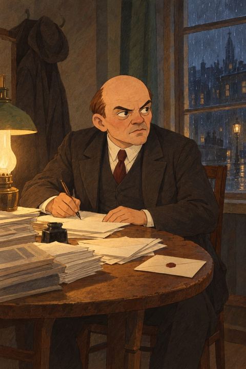 A clean-shaven Lenin writes letters fast at a small lamplit table in a hiding place.