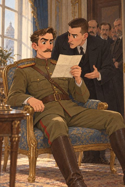 Grand Duke Michael sitting stunned in an armchair holding a telegram, politicians crowding the drawing room
