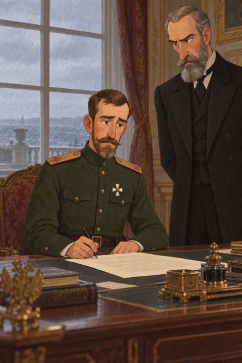 Nicholas II at a desk, pen in hand over a document, his face tired and unhappy