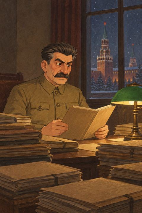Stalin at a desk piled with personnel files in a Kremlin office, reading one by lamplight