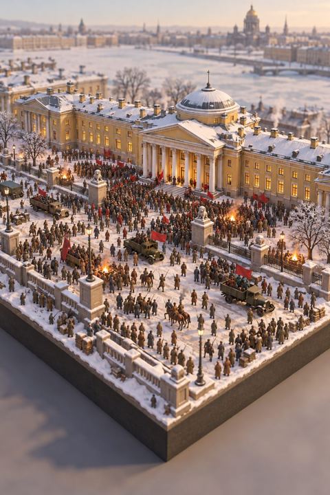 A grand columned palace crowded with soldiers, workers and politicians, two meetings going on in different wings