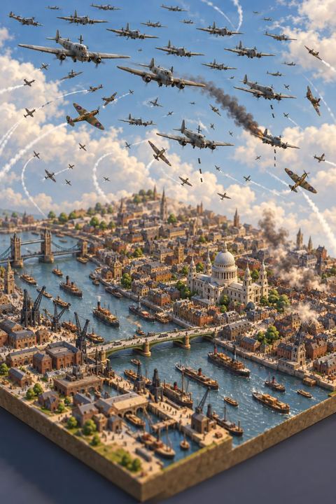 RAF fighters dive into a large formation of German bombers high above London and the Thames.