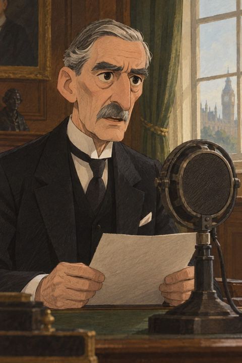 Neville Chamberlain speaking into a BBC microphone in a wood-panelled room in Downing Street