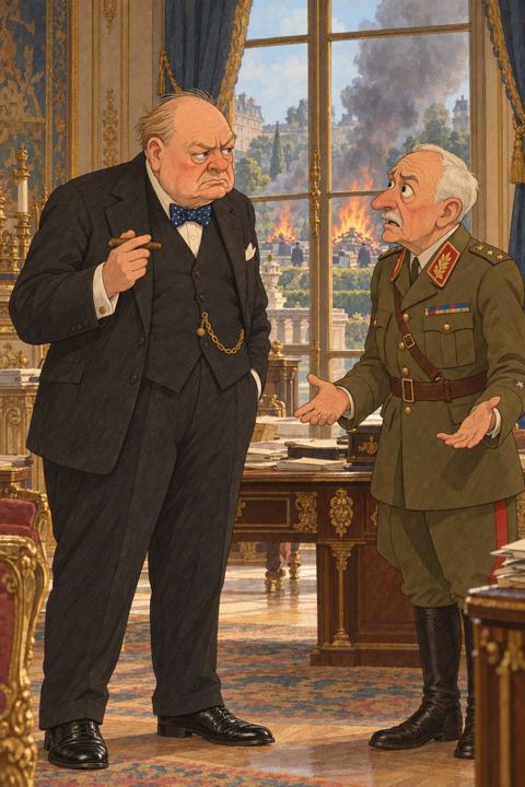 Churchill and General Gamelin facing each other in a Paris ministry office, smoke from burning papers outside the window