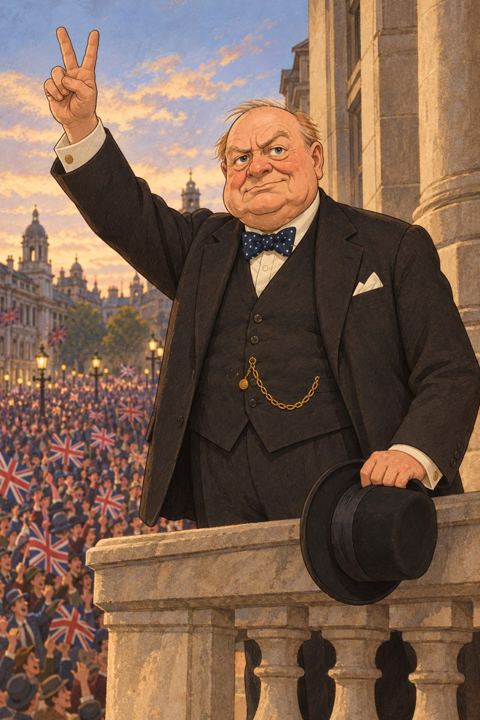 Churchill on a stone balcony in Whitehall making a V sign above a huge cheering crowd